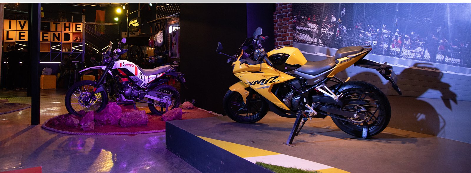 Hero motorcycles on display at a brand experience
